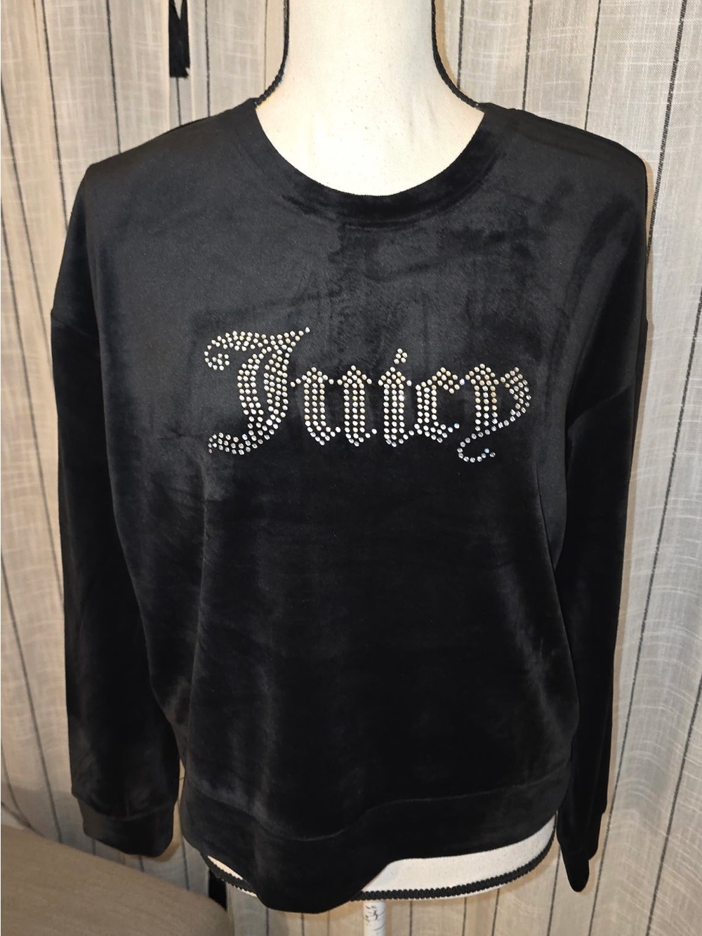 Juicy Couture Black Velour Rhinestone Logo Crewneck Long Sleeve